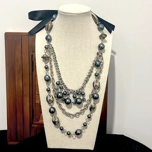 Ribbon Three Tiered Necklace with Gray Dangle Beads and Silver Beaded Links